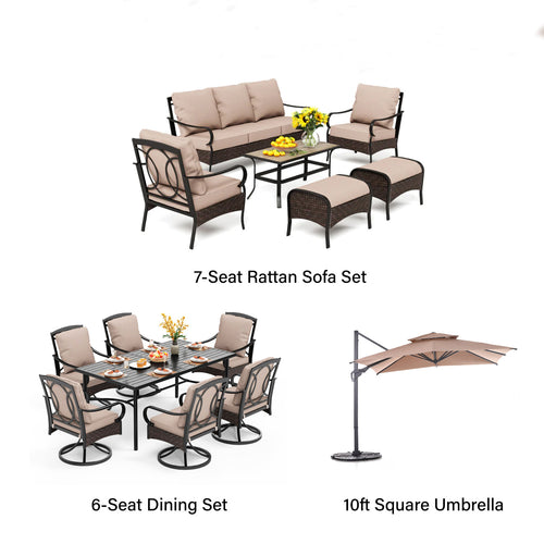 Phi Villa 13-Person Outdoor Patio Furniture Combination Set With Rattan Sofa Set, Dining Set, and Umbrella