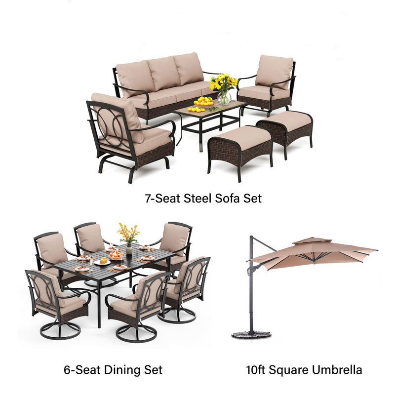 Phi Villa 13-Person Outdoor Patio Furniture Combination Set With Rattan Sofa Set, Dining Set, and Umbrella