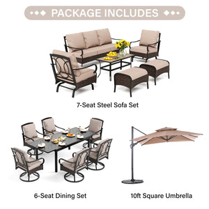 Phi Villa 13-Person Outdoor Patio Furniture Combination Set With Rattan Sofa Set, Dining Set, and Square Umbrella