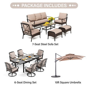 Phi Villa 13-Person Outdoor Patio Furniture Combination Set With Rattan Sofa Set, Dining Set, and Square Umbrella