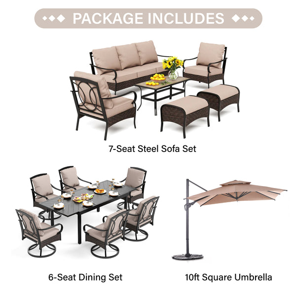 Phi Villa 13-Person Outdoor Patio Furniture Combination Set With Rattan Sofa Set, Dining Set, and Square Umbrella