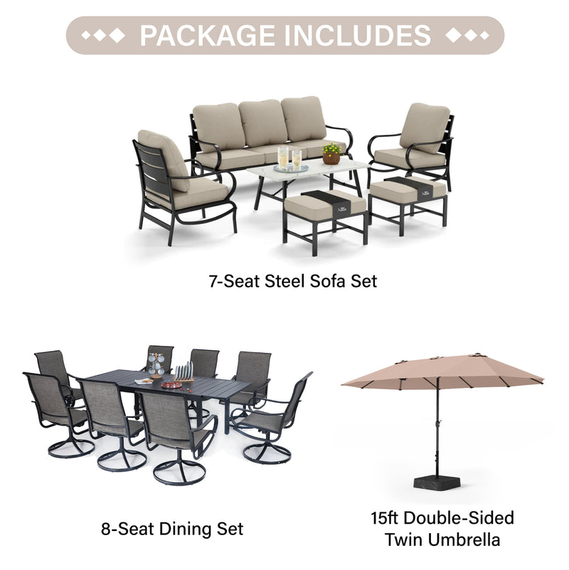 PHI VILLA 15-Piece Set with 7-Seat Steel Conversation Sofa Set and 8-Seat Dining Set and 15ft Double-Sided Twin Umbrella