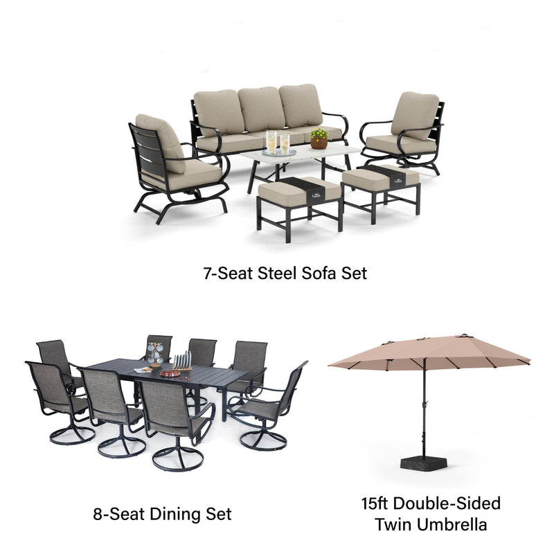 Phi Villa 15-Person Outdoor Patio Furniture Combination Set with Sofa Set, Textilene Dining Set, and Double Sided Umbrella