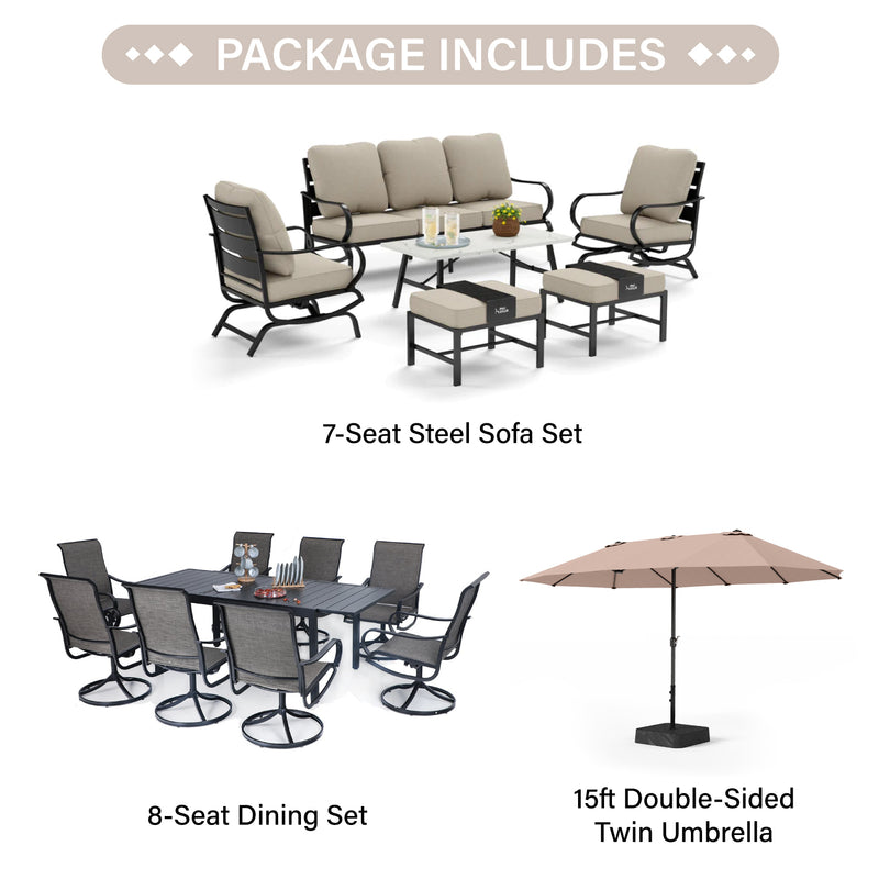PHI VILLA 15-Piece Set with 7-Seat Steel Conversation Sofa Set and 8-Seat Dining Set and 15ft Double-Sided Twin Umbrella