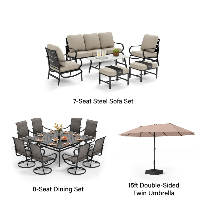 Phi Villa 15-Person Outdoor Patio Furniture Combination Set with Sofa Set, Textilene Dining Set, and Umbrella