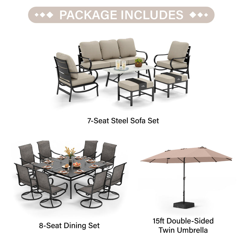 PHI VILLA 15-Piece Set with 7-Seat Steel Conversation Sofa Set and 8-Seat Dining Set and 15ft Double-Sided Twin Umbrella