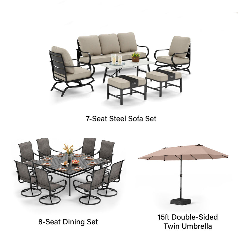 Phi Villa 15-Person Outdoor Patio Furniture Combination Set with Sofa Set, Textilene Dining Set, and Umbrella
