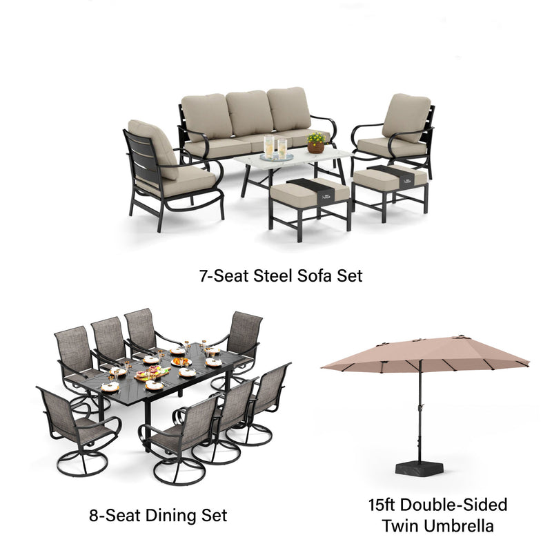 Phi Villa 15-Person Outdoor Patio Furniture Combination Set with Sofa Set, Dining Set, and Double Sided Umbrella