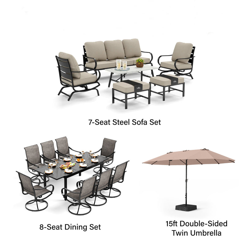 Phi Villa 15-Person Outdoor Patio Furniture Combination Set with Sofa Set, Dining Set, and Double Sided Umbrella