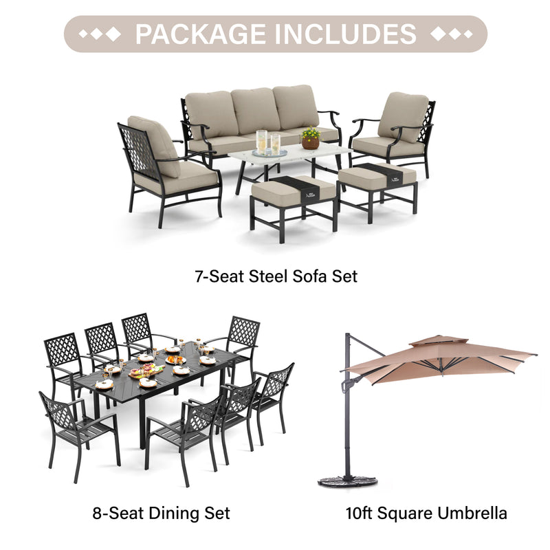 PHI VILLA 15-Piece Set with 7-Seat Steel Conversation Sofa Set and 8-Seat Dining Set and 10ft Square Umbrella