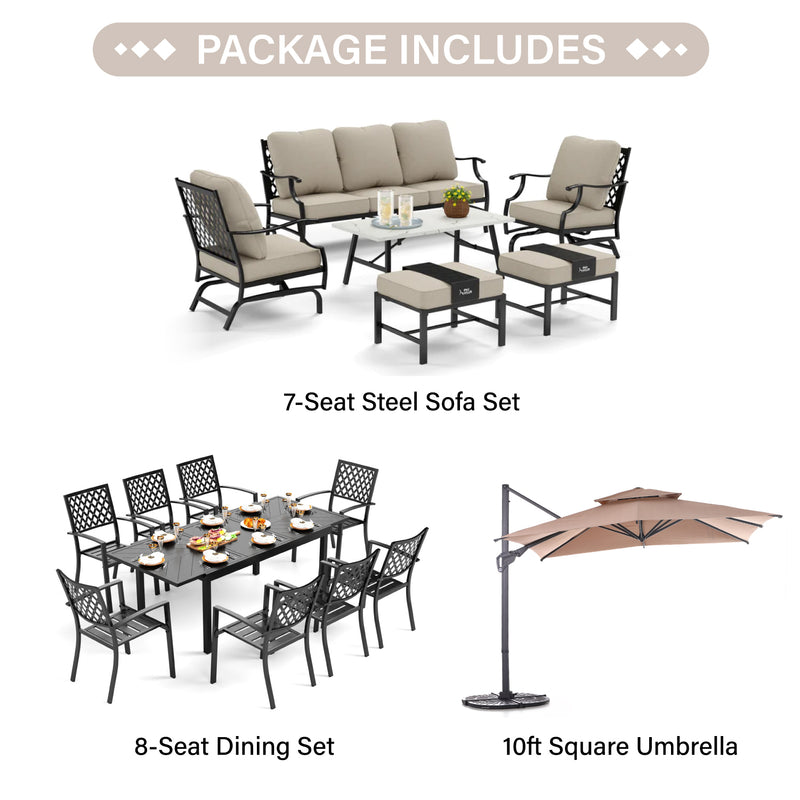 PHI VILLA 15-Piece Set with 7-Seat Steel Conversation Sofa Set and 8-Seat Dining Set and 10ft Square Umbrella