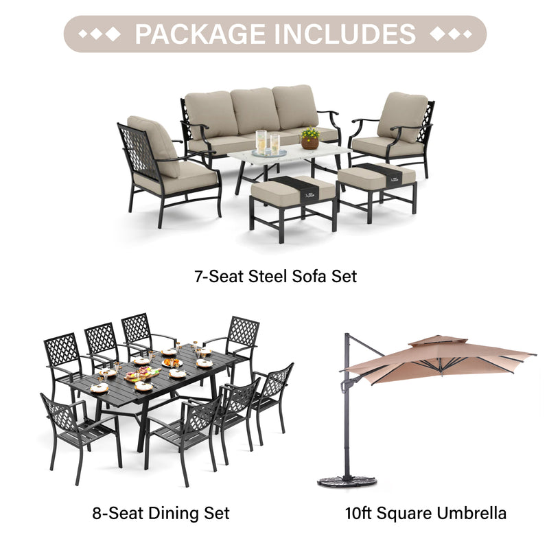 PHI VILLA 15-Piece Set with 7-Seat Steel Conversation Sofa Set and 8-Seat Dining Set and 10ft Square Umbrella