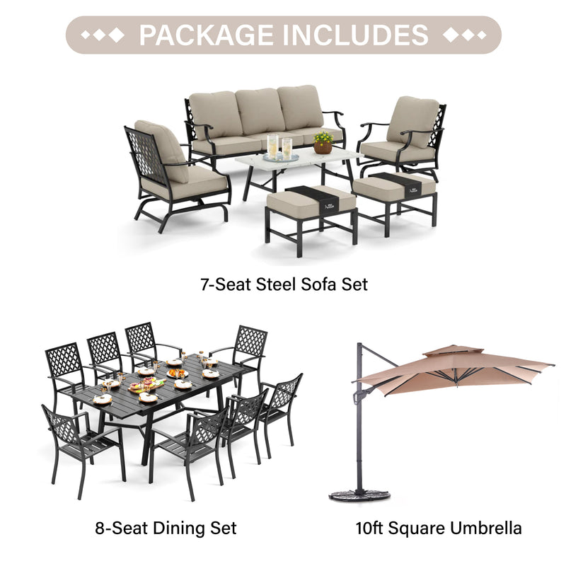 PHI VILLA 15-Piece Set with 7-Seat Steel Conversation Sofa Set and 8-Seat Dining Set and 10ft Square Umbrella