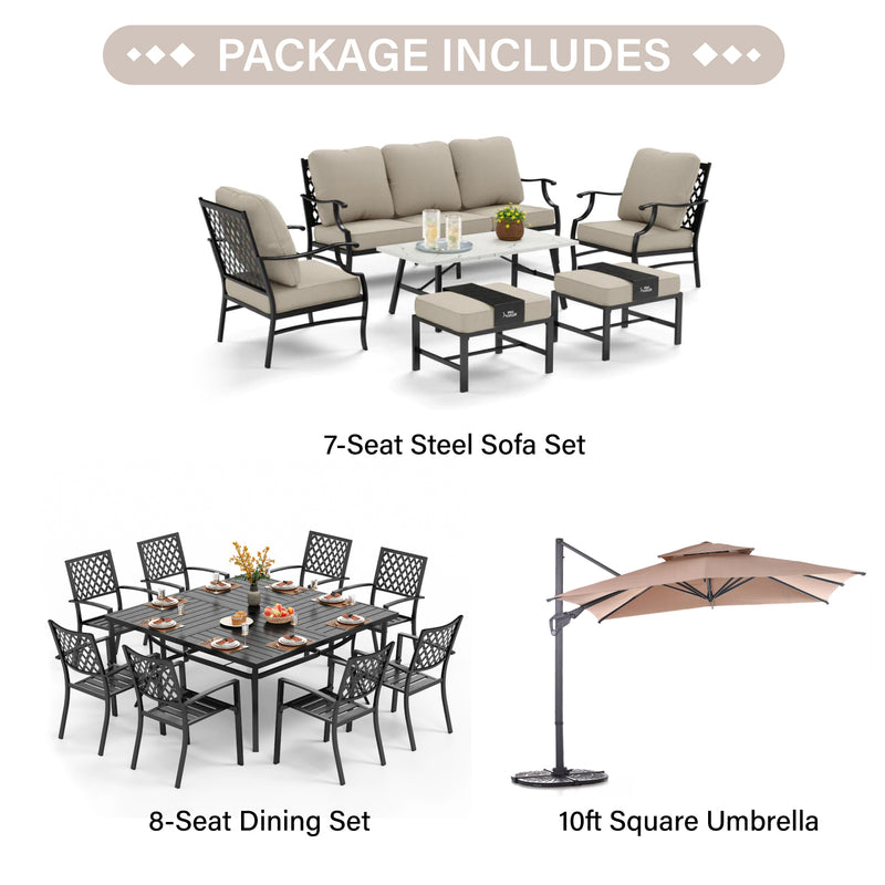 PHI VILLA 15-Piece Set with 7-Seat Steel Conversation Sofa Set and 8-Seat Dining Set and 10ft Square Umbrella