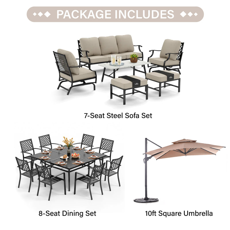 PHI VILLA 15-Piece Set with 7-Seat Steel Conversation Sofa Set and 8-Seat Dining Set and 10ft Square Umbrella