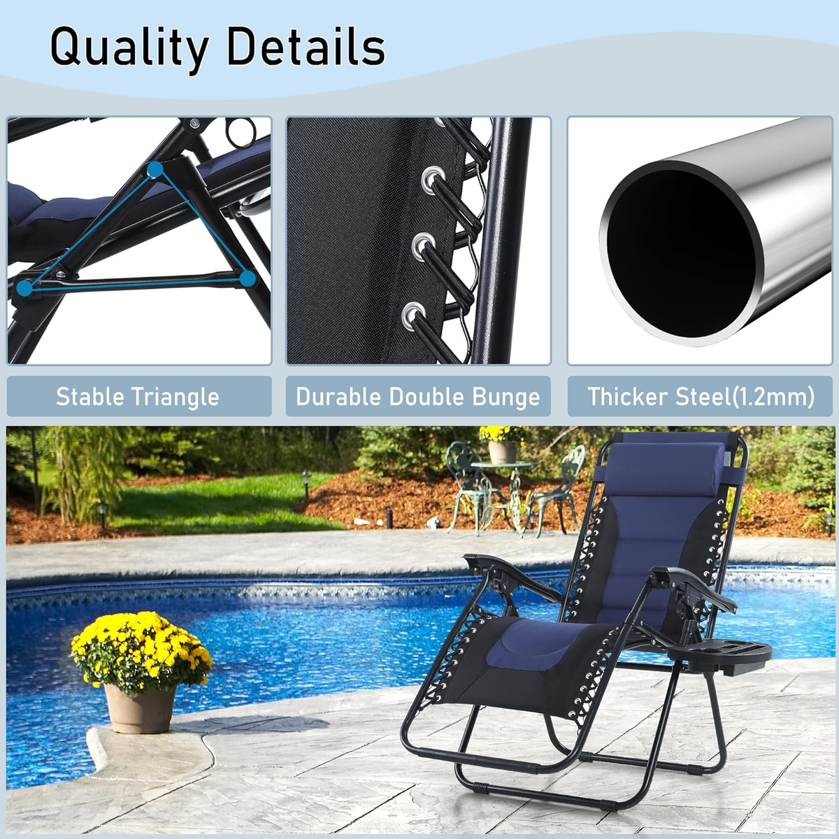 PHI VILLA Set of 2 Padded Zero Gravity Lounge Chair Folding Patio Recl