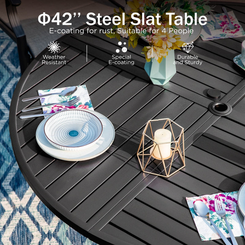 PHI VILLA 5-Piece Patio Dining Set Padded Textilene Swivel Chairs & Slat Steel Round Table