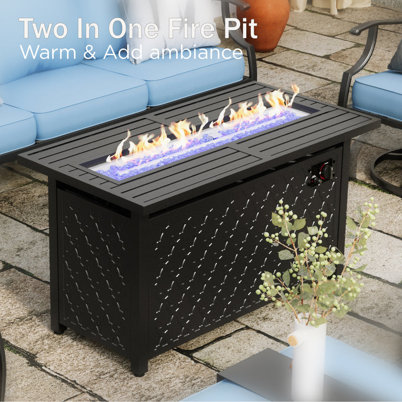 Phi Villa 7-Seater Patio Steel Conversation Sofa Set With Rectangle Fire Pit Table