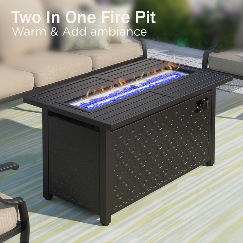 Phi Villa 5-Seater Outdoor Steel Conversation Sofa Set With Leather Grain Fire Pit Table