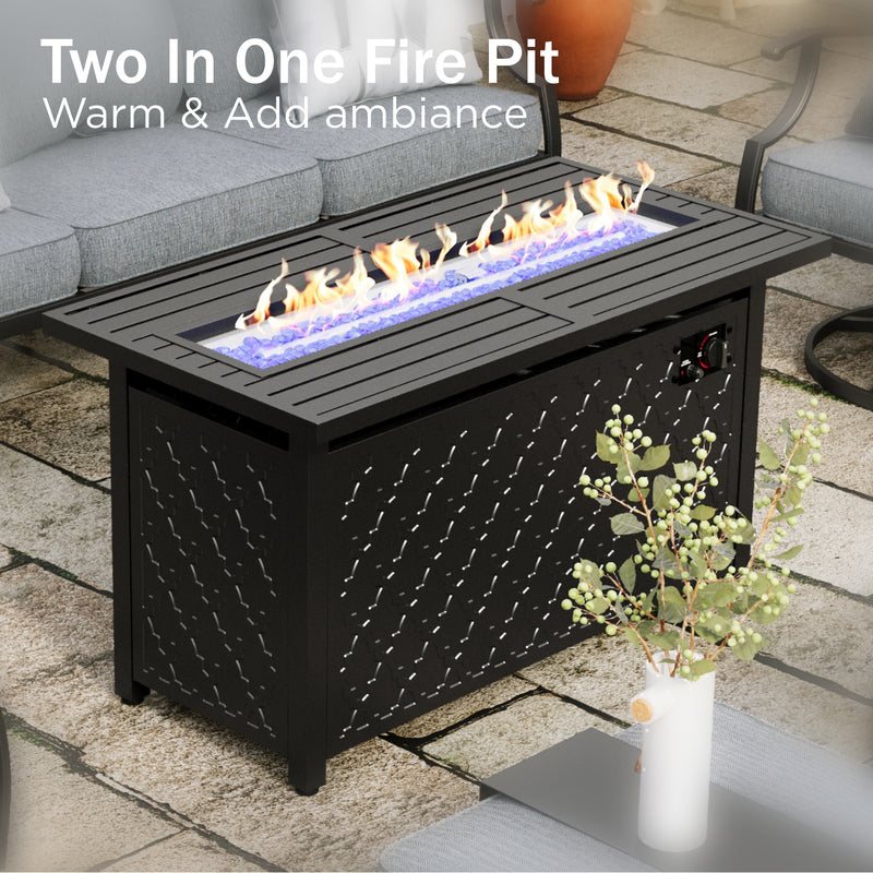 Phi Villa 5-Seater Outdoor Steel Conversation Sofa Set With Leather Grain Fire Pit Table