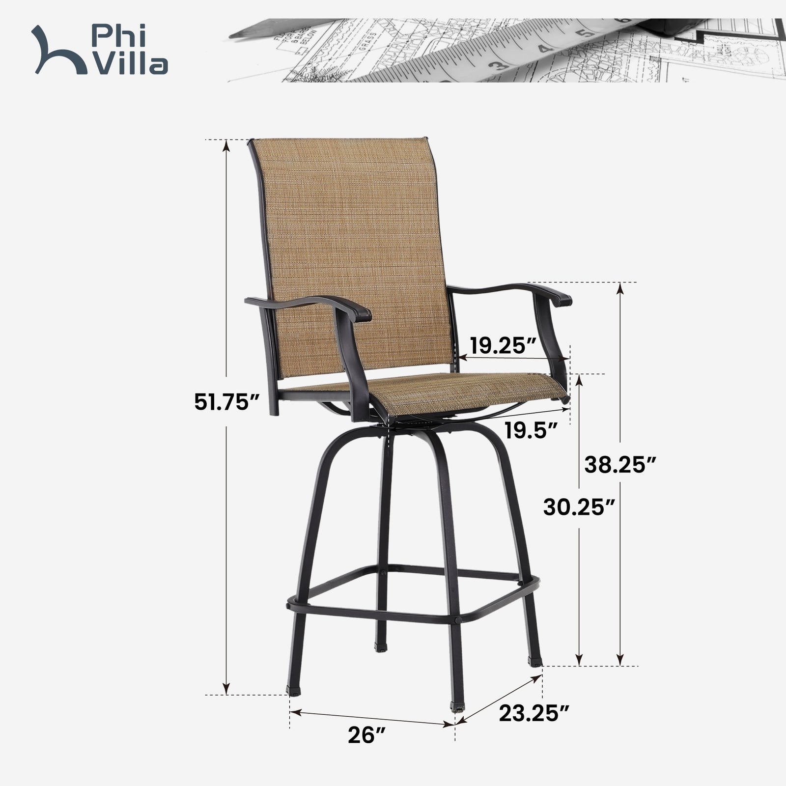 PHI VILLA Swivel Bar Stools With Arms Height Patio Bar Chairs Set