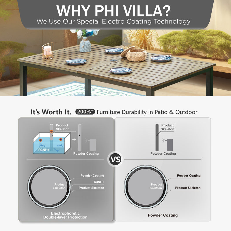 PHI VILLA Patio Wood-Like Rectangle Steel Dining Table