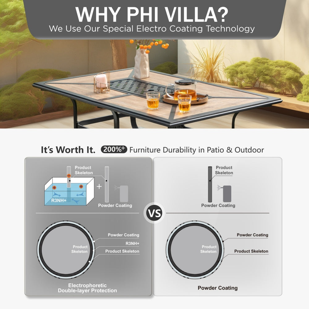Phi Villa Wood-Look Rectangle Patio Dining Table with Umbrella Hole