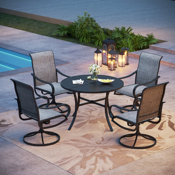 5-Piece Patio Dining Set Steel Round Table & Textilene Swivel Chairs