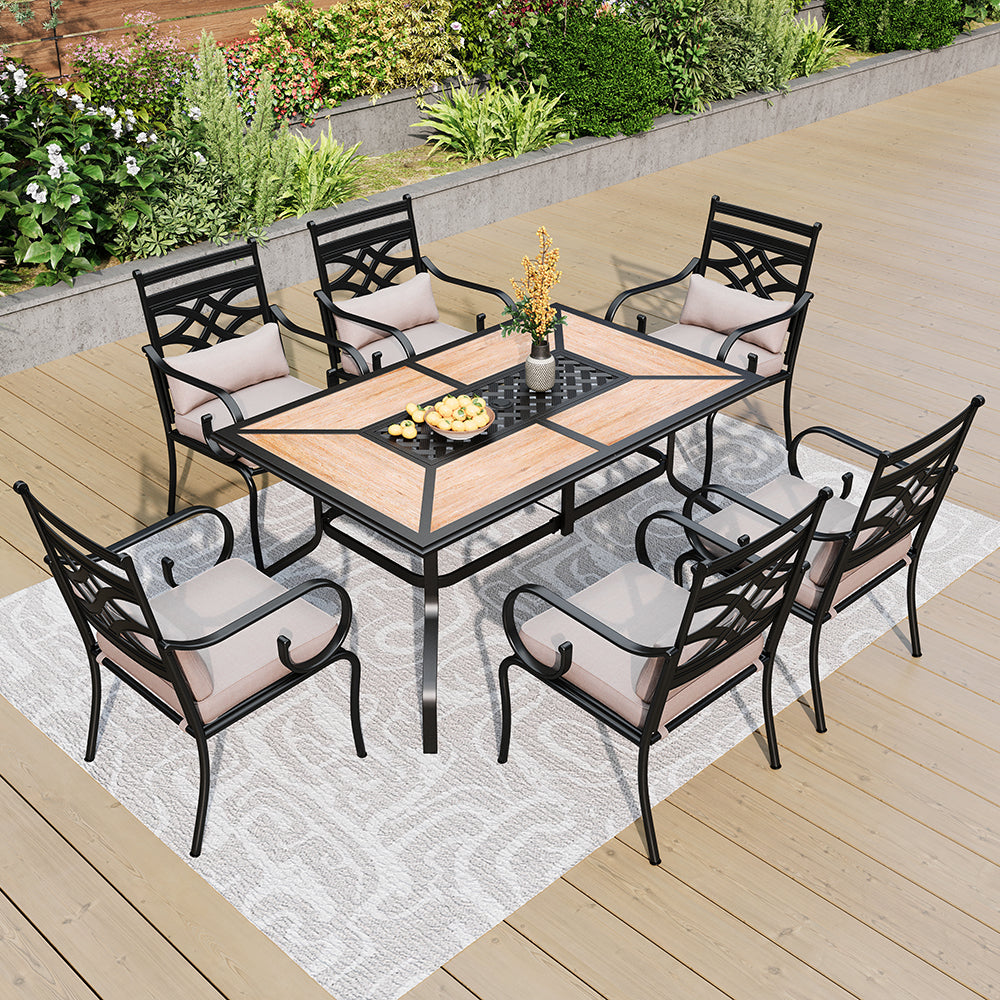 Vine 7-Piece Patio Dining Set Patch Wood-Grain Table and Stylish Steel Chairs