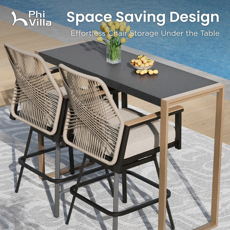 Phi Villa 3-Pcs Patio High Bar Set-Gray Textilene Swivel Stools & Sea Stone Tabletop Design
