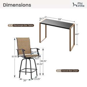 Phi Villa 3-Pcs Patio High Bar Set-Textilene Swivel Stools & Sea Stone Tabletop Design