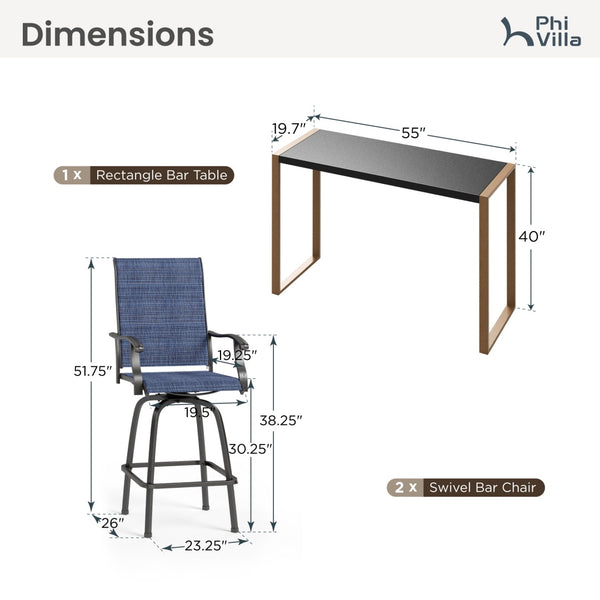 Phi Villa 3-Pcs Patio High Bar Set-Textilene Swivel Stools & Sea Stone Tabletop Design