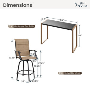 Phi Villa 3-Pcs Patio High Bar Set-Textilene Swivel Stools & Sea Stone Tabletop Design