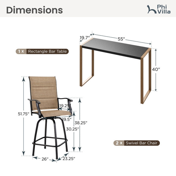 Phi Villa 3-Pcs Patio High Bar Set-Textilene Swivel Stools & Sea Stone Tabletop Design