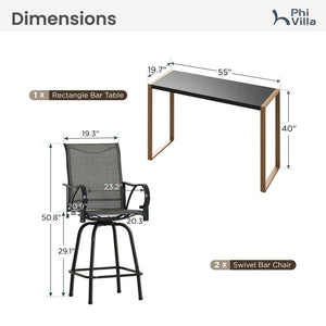 Phi Villa 3-Pcs Patio High Bar Set-Gray Textilene Swivel Stools & Sea Stone Tabletop Design