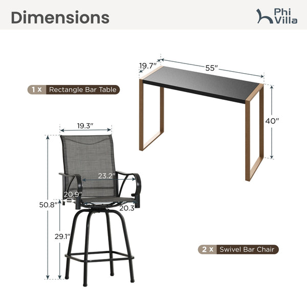 Phi Villa 3-Pcs Patio High Bar Set-Gray Textilene Swivel Stools & Sea Stone Tabletop Design