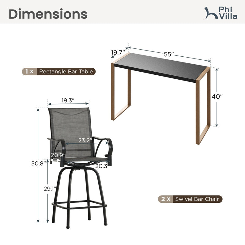 Phi Villa 3-Pcs Patio High Bar Set-Gray Textilene Swivel Stools & Sea Stone Tabletop Design