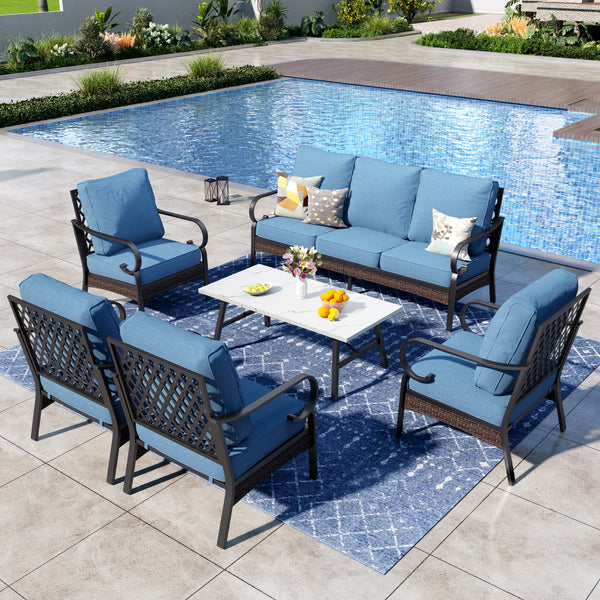 Phi Villa 7-Seater Outdoor Steel & Rattan Dark Color Sofa Set With Coffee Table