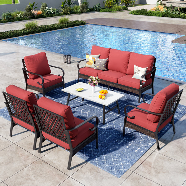 Phi Villa 7-Seater Outdoor Steel & Rattan Dark Color Sofa Set With Coffee Table