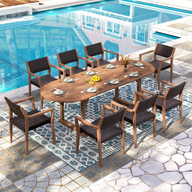 Phi Villa Luxurious Wooden Dining Set with Expandable Table & Rattan Chairs