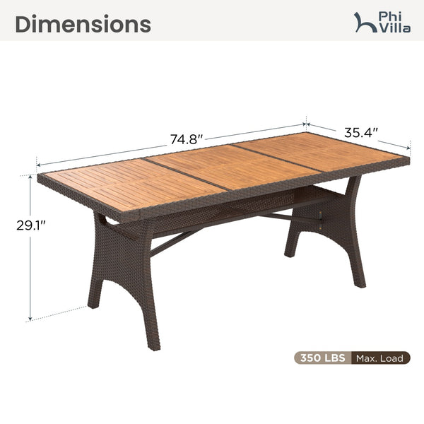 Phi Villa Rustic Wood-Rattan Dining Table for Outdoor