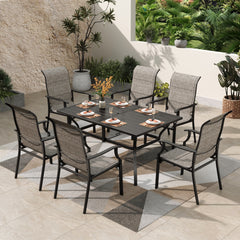 PHI VILLA 7-Piece Outdoor Dining Set with Rectangle Steel Table & 6 Textilene Dining Chairs