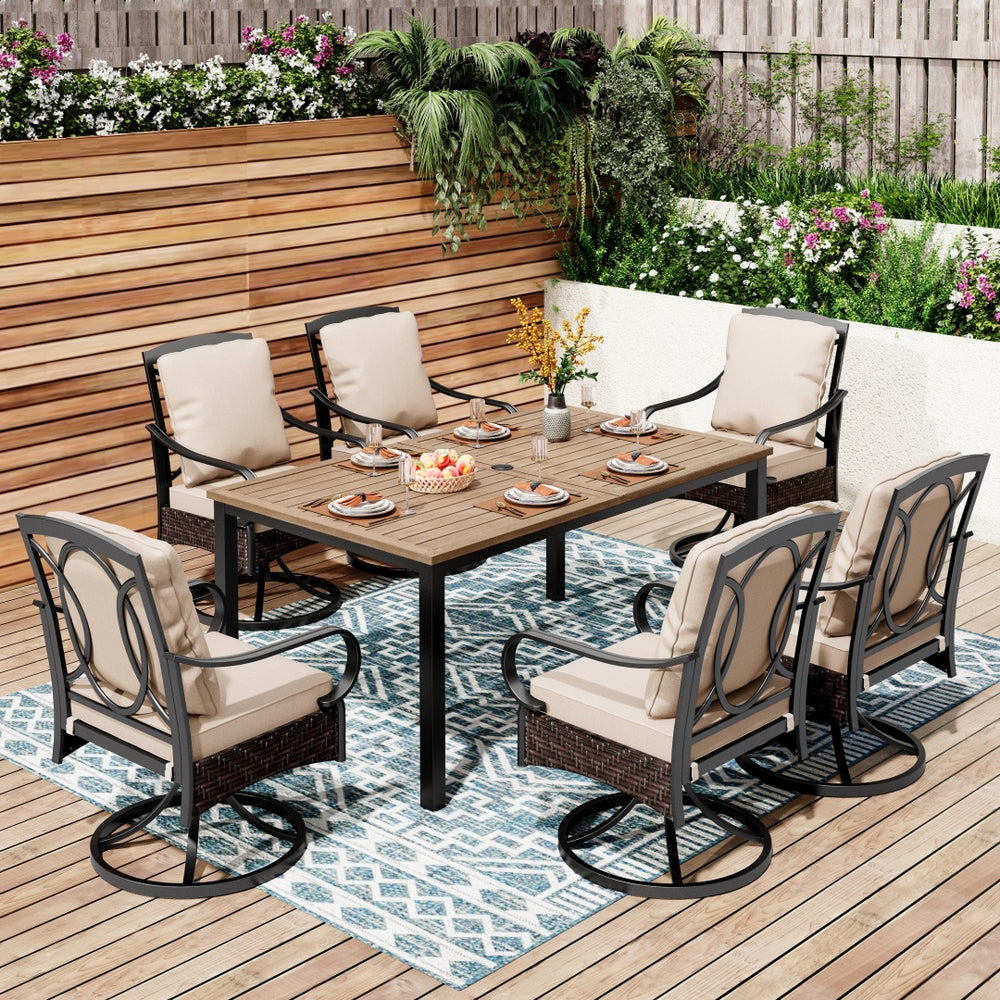 Coco 7-Pcs Outdoor Dining Set with Wood-like Table