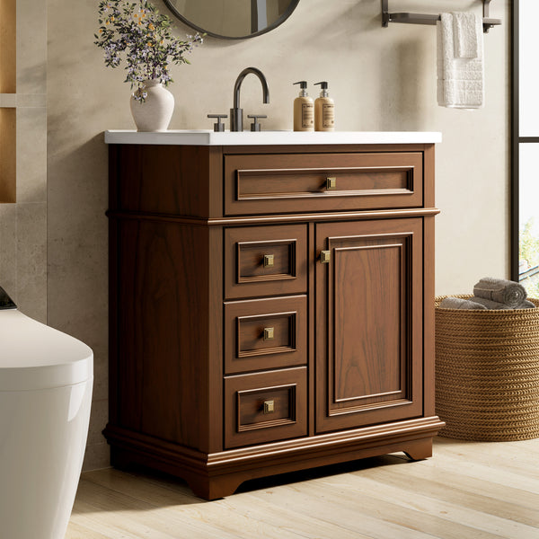 30 inch Traditional Single Sink Bathroom Vanity with Solid Wood Cabinet & Ceramic Basin