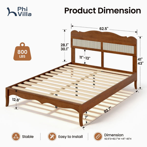 Phi Villa Classic Style Wooden Bed Frame with Rattan Headboard