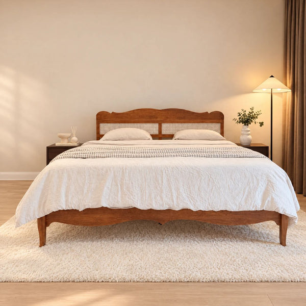 Phi Villa Classic Style Wooden Bed Frame with Rattan Headboard