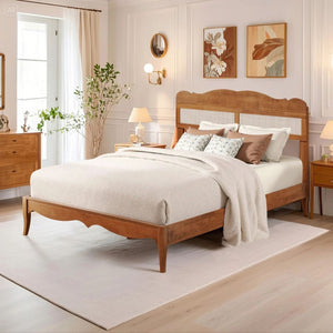 Phi Villa Classic Style Wooden Bed Frame with Rattan Headboard