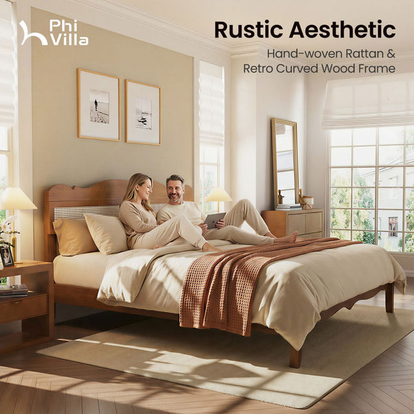 Phi Villa Classic Style Wooden Bed Frame with Rattan Headboard