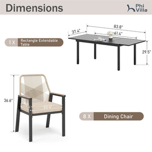 Mirage 7/9-Piece Patio Dining Set with Stylish Rattan Rope Chairs and Expandable Table-Phi Villa