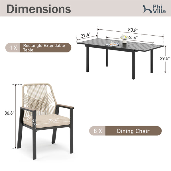 Mirage 7/9-Piece Patio Dining Set with Stylish Rattan Rope Chairs and Expandable Table-Phi Villa